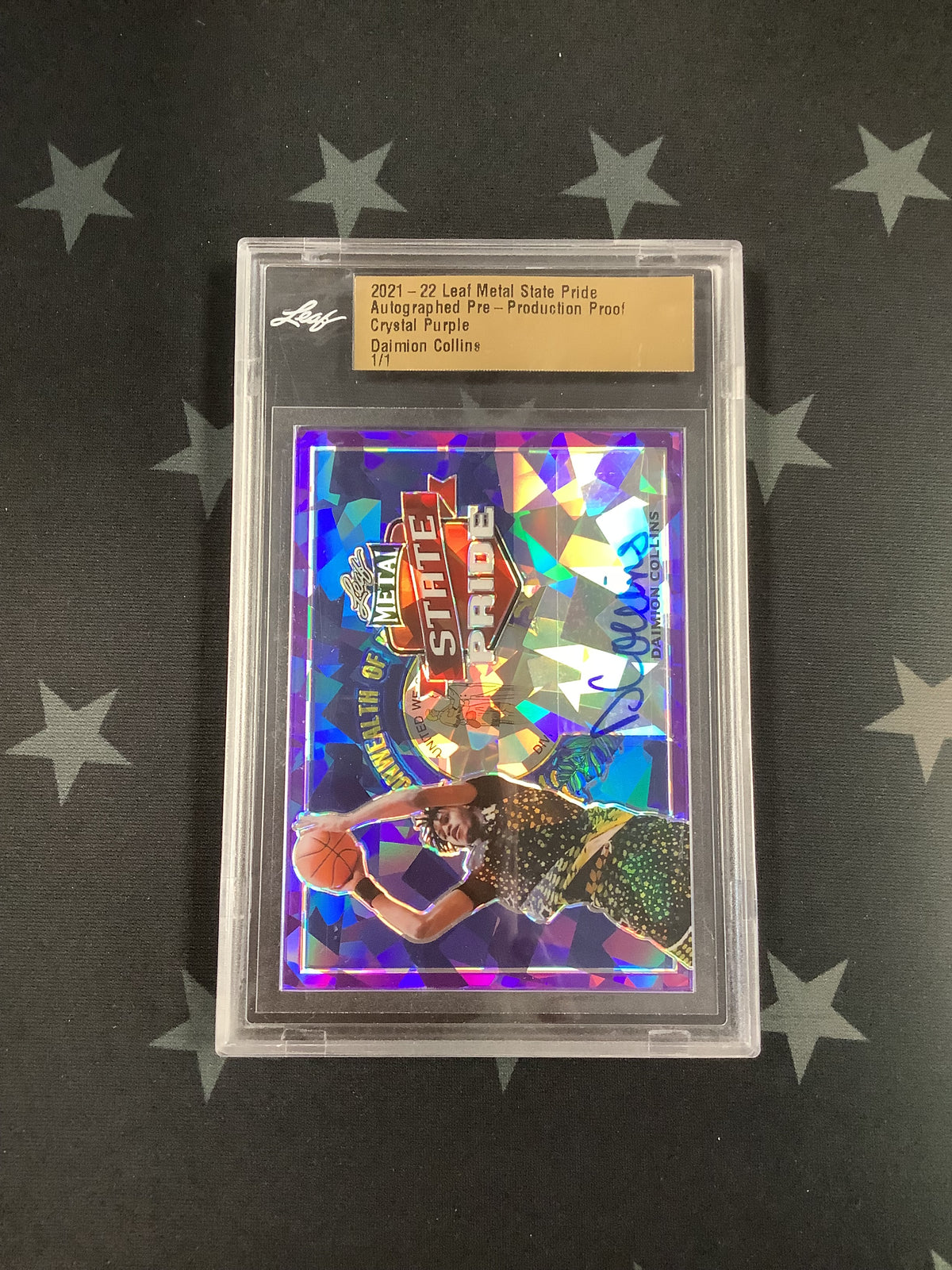 2021-22 LEAF METAL STATE PRIDE AUTOGRAPHED PRE-PRODUCTION PROOF CRYSTAL PURPLE DAIMION COLLINS 1/1