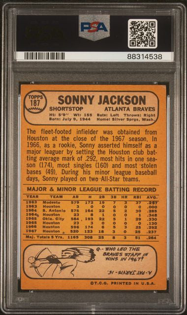 1968 TOPPS BASEBALL SONNY JACKSON #187 PSA VG - EX 4