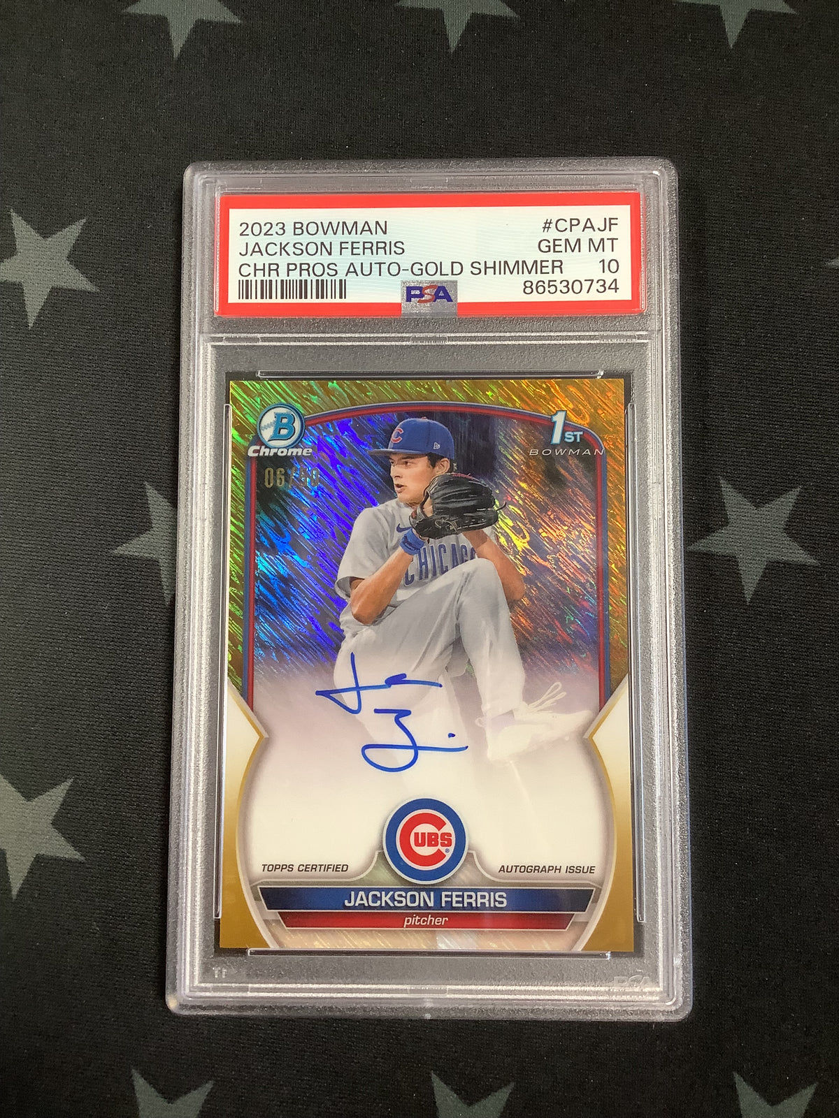 2023 BOWMAN CHROME PROSPECT AUTO GOLD SHIMMER JACKSON FERRIS #CPAJF /50 PSA GEM MT 10