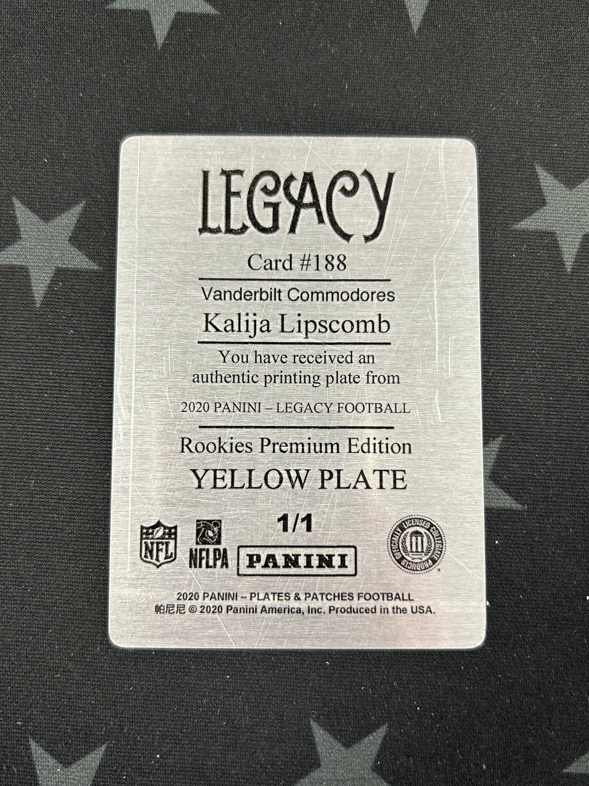 2020 PANINI PLATES &amp; PATCHES FOOTBALL KALIJA LIPSCOMB YELLOW PLATE #188 1/1