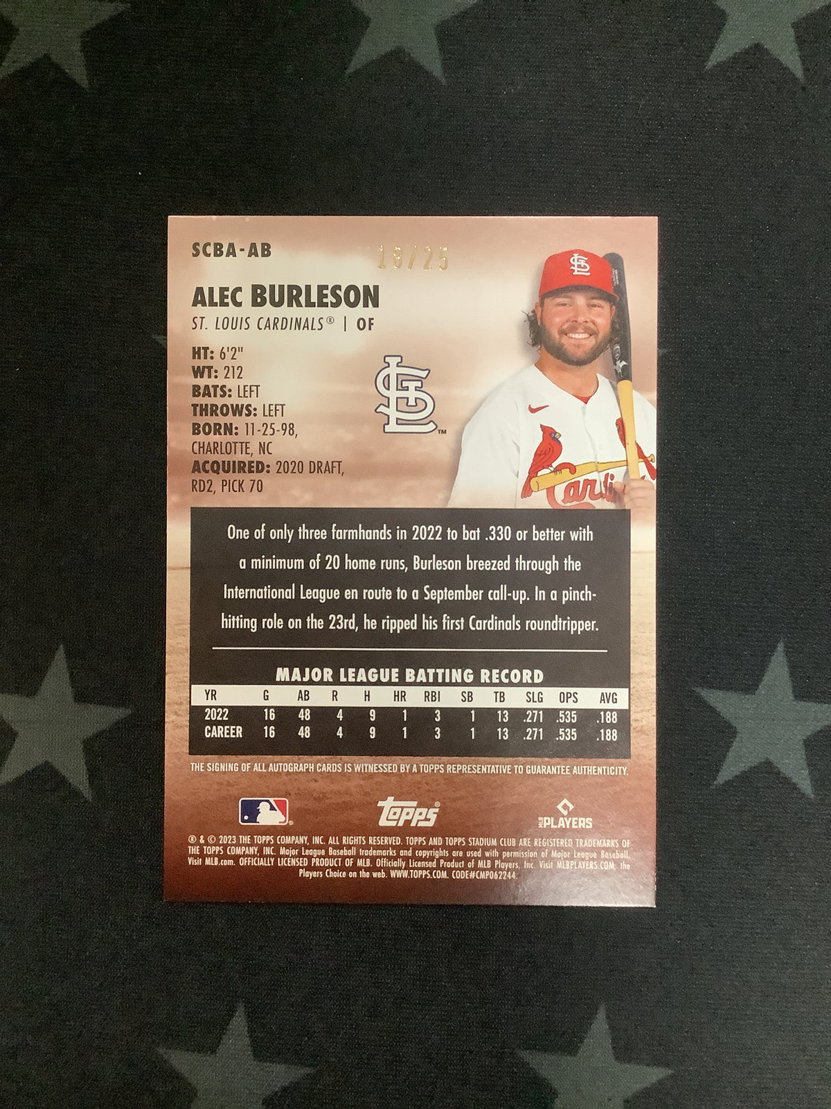 2023 Topps Stadium Club Alec Burleson RC #SCBA-AB Black Foil Auto 18/25