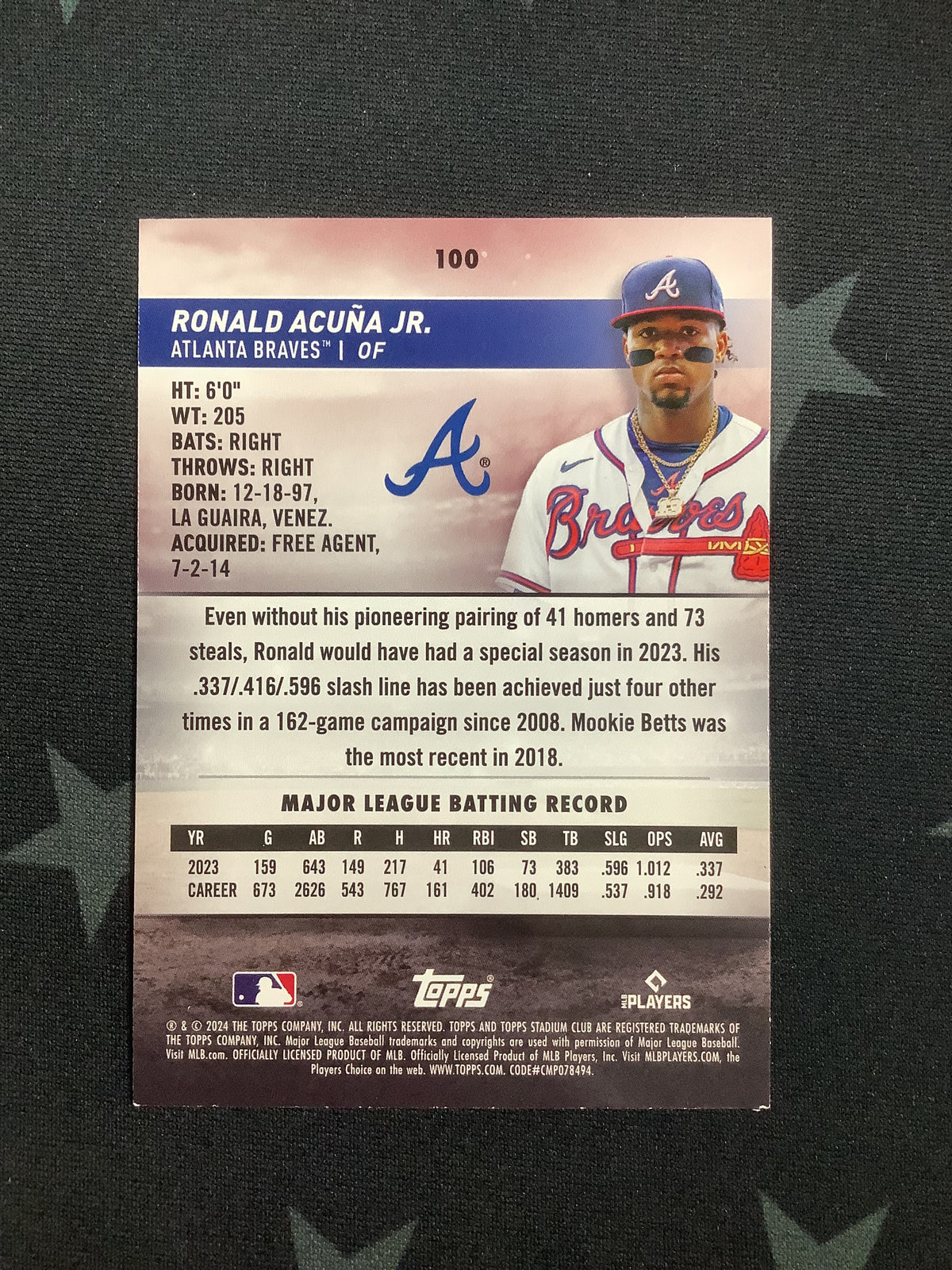 2024 TOPPS STADIUM CLUB #100 RONALD ACUNA JR 1992 DESIGN VARIATION