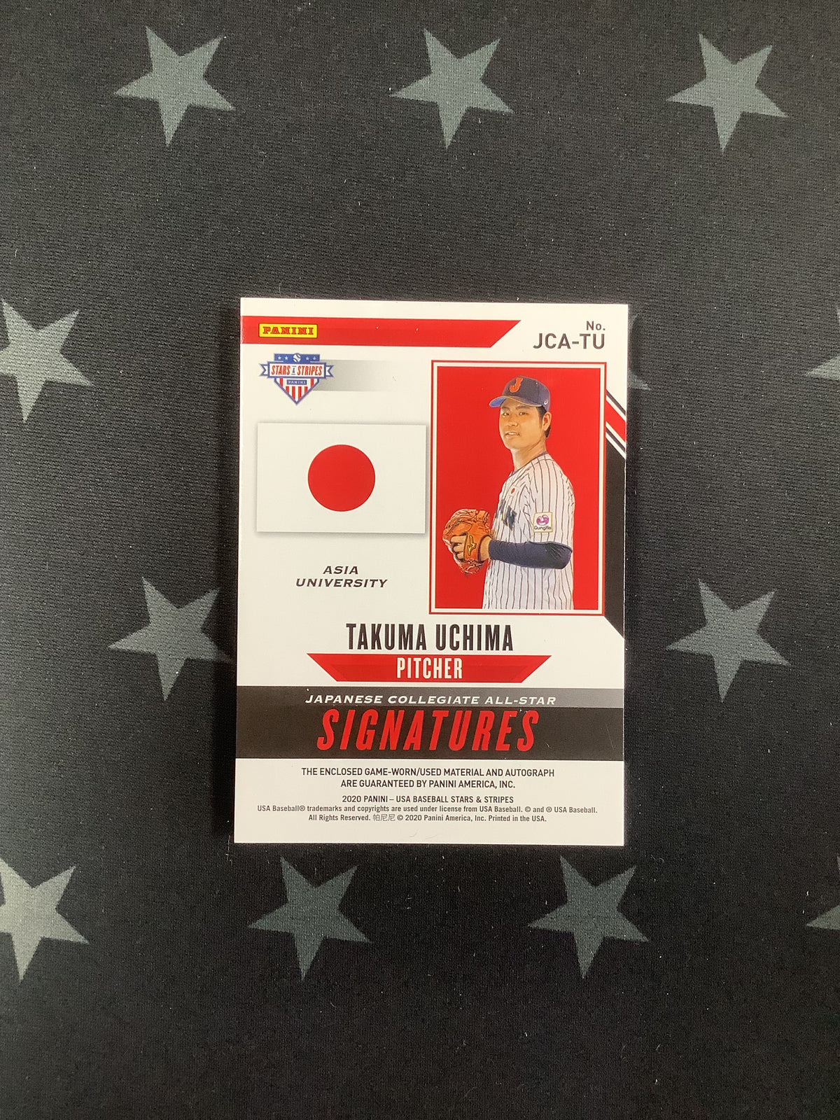 2022 PANINI USA BASEBALL STARS AND STRIPES TAKUMA UCHIMA COLLEGIATE PATCH AUTO #JCA-TU