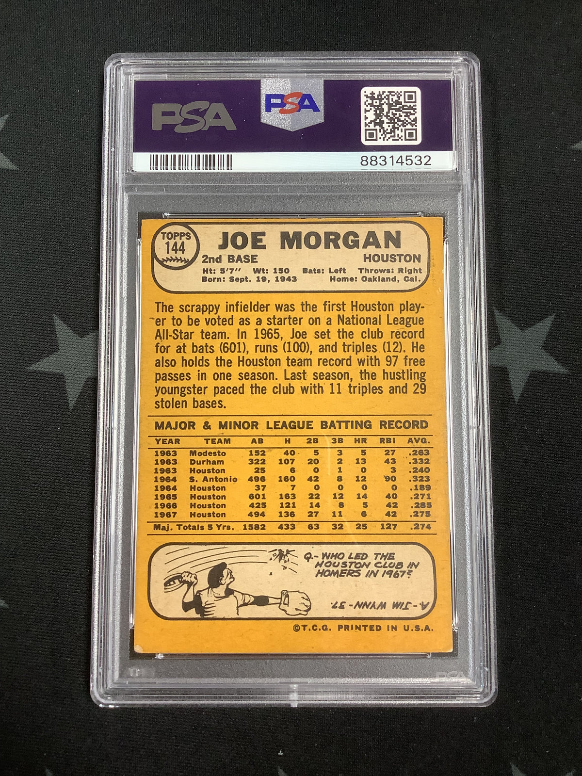 1968 TOPPS BASEBALL JOE MORGAN #144 PSA VG 3