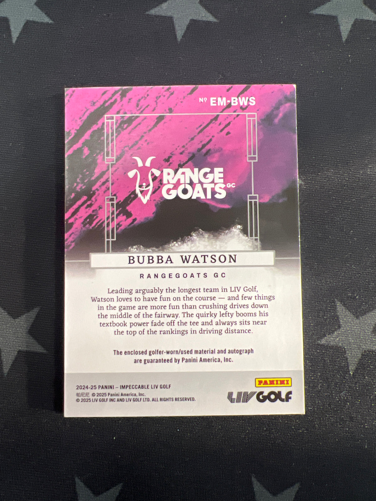 2024-25 Panini Impeccable Liv Golf Bubba Watson #EM-BWS Patch Auto /10