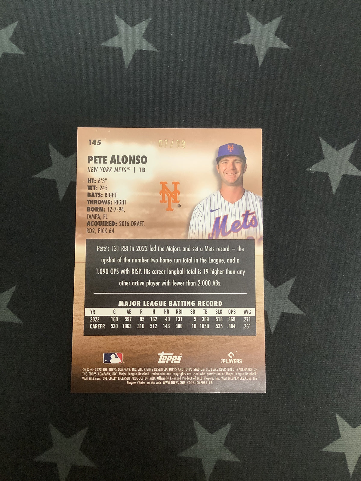 2023 Topps Stadium Club Chrome Pete Alonso #145 Orange Refractor 7/99