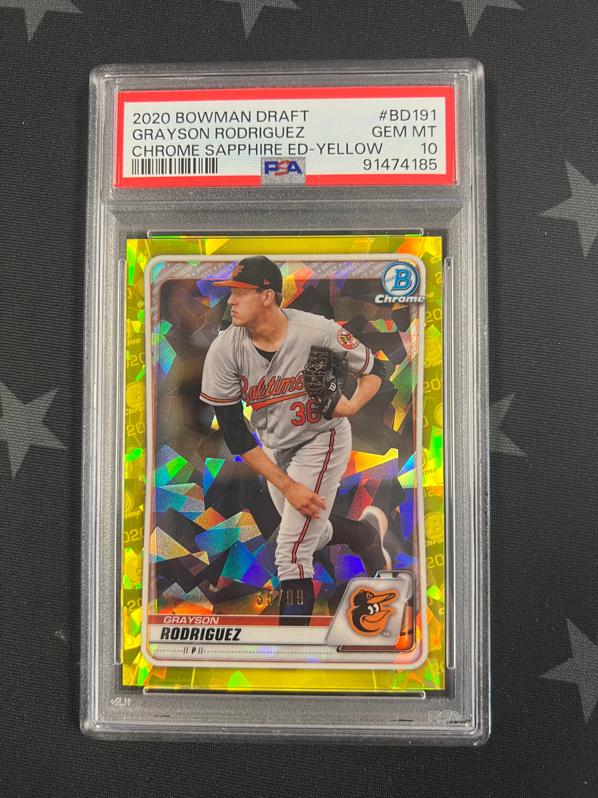 2020 TOPPS BOWMAN DRAFT GRAYSON RODRIGUEZ CHROME SAPPHIRE YELLOW #35/99 PSA 10