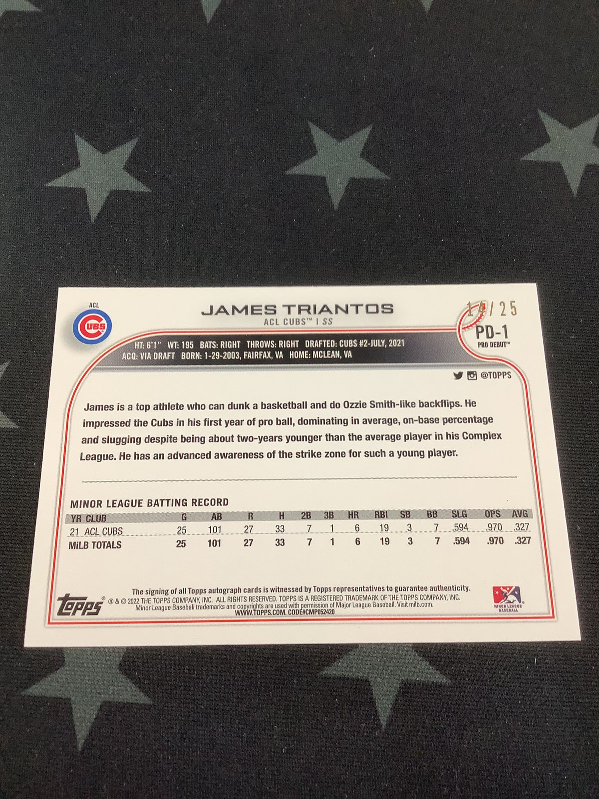 2022 Topps Pro Debut James Triantos Auto /25