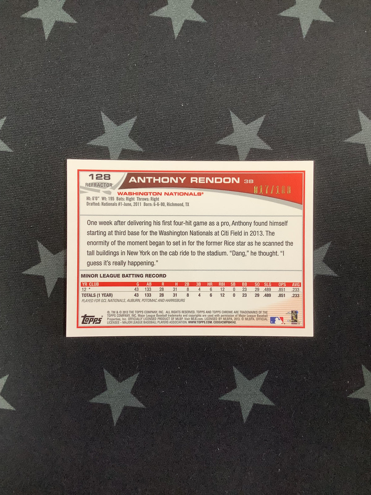 2013 TOPPS CHROME BLACK ANTHONY RENDON ROOKIE AUTO #128 /100