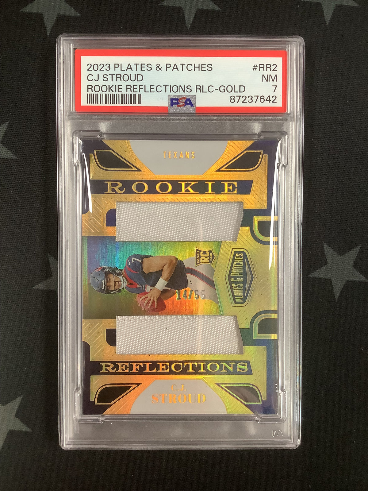 2023 Panini Plates &amp; Patches CJ Stroud Rookie Reflections Gold #14/55 PSA 7