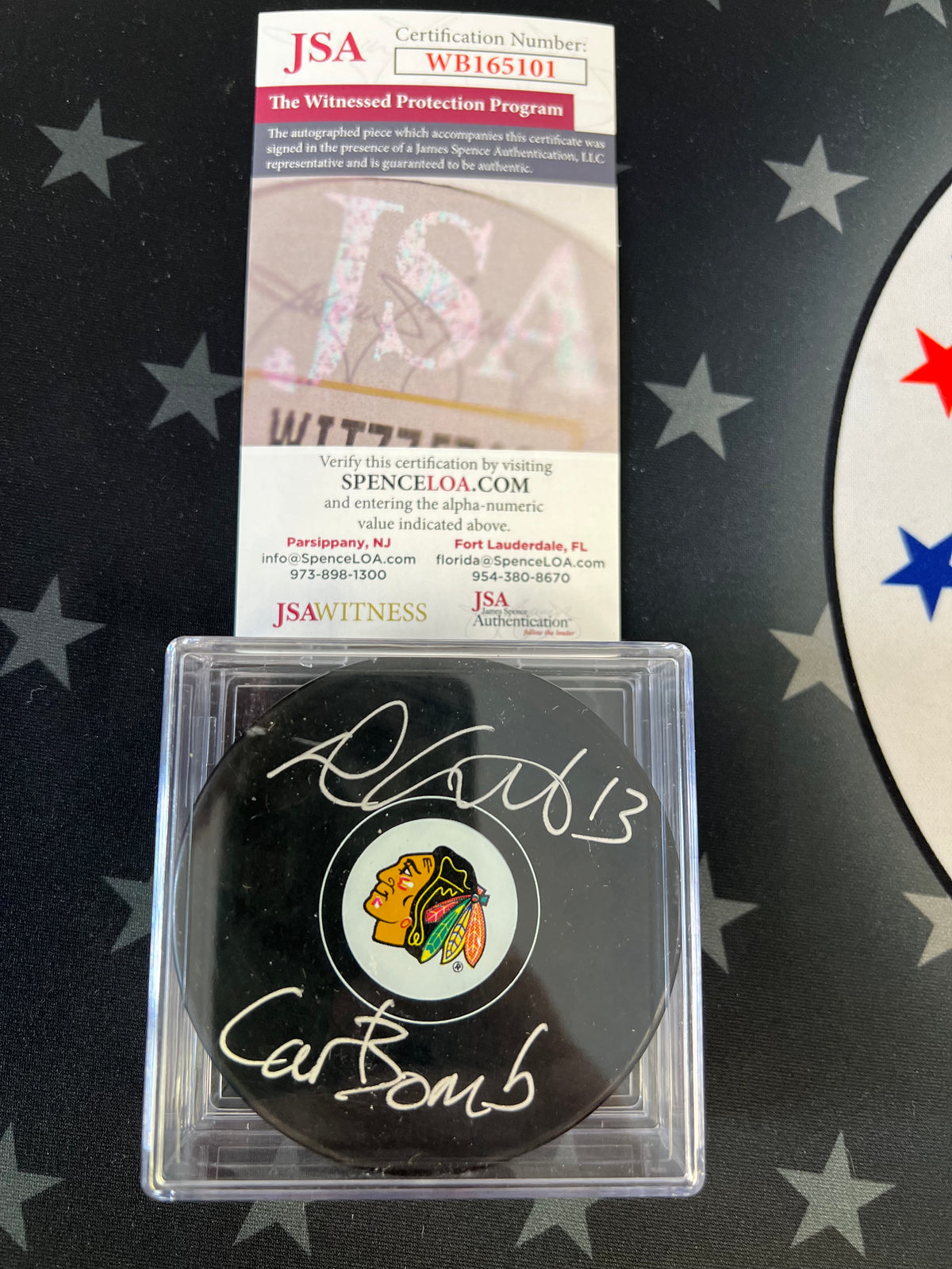 Daniel Carcillo Autographed Hockey Puck “Car Bomb” Inscription w/ JSA Cert