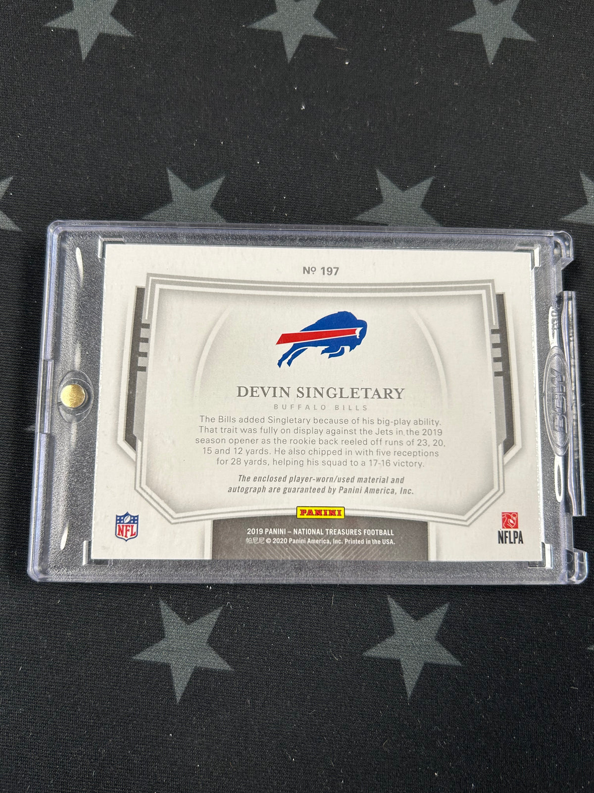 2019 PANINI NATIONAL TREASURES FOOTBALL MIDNIGHT DEVIN SINGLETARY ROOKIE PATCH AUTO #197 /20