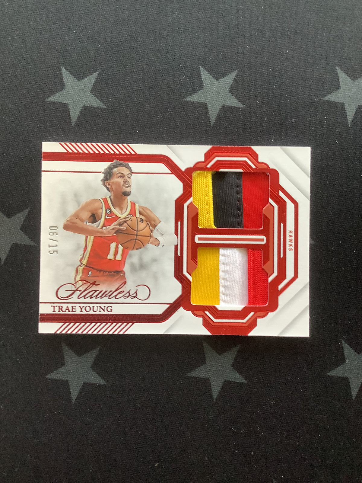 2022-23 Panini Flawless Trae Young Dual Game Worn/Used Jersey Patch Ruby #06/15