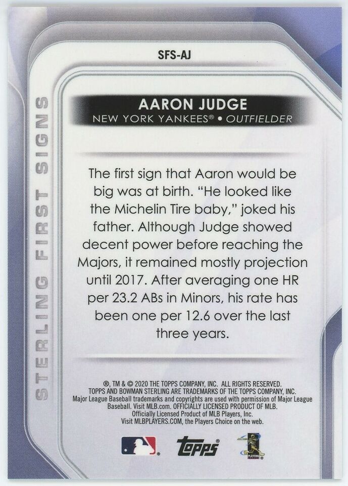 AARON JUDGE 2020 BOWMAN STERLING FIRST SIGNS GOLD REFRACTOR #23/50 YANKEES