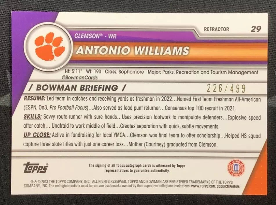 2023 ANTONIO WILLIAMS BOWMAN CHROME UNIVERSITY FOOTBALL AUTO REFRACTOR #226/499