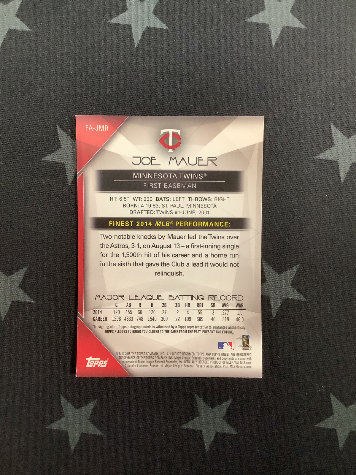 2015 Topps Finest Joe Mauer Autograph Orange #07/25 Twins