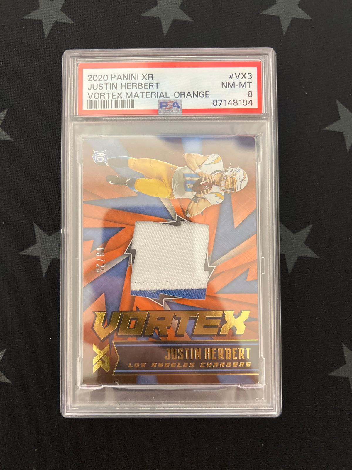 2020 Panini XR Justin Herbert RC #VX-3 Vortex Material Orange 3/25 NM - MT PSA 8