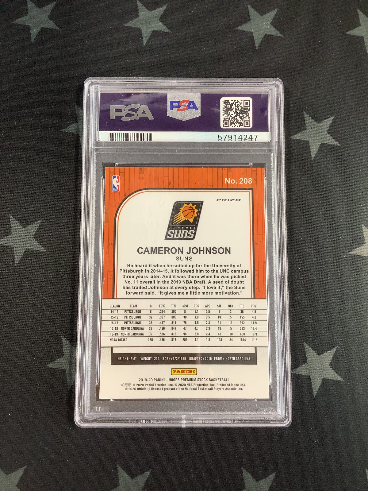 2019 PANINI HOOPS PREMIUM STOCK PURPLE DISCO CAMERON JOHNSON #208 PSA GEM MT 10 57914247