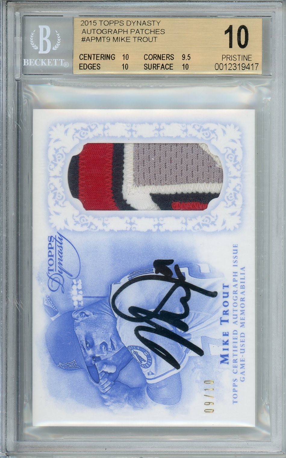 2015 Topps Dynasty Mike Trout #AP-MTR9 Autograph Patches /10 PRISTINE BGS 10
