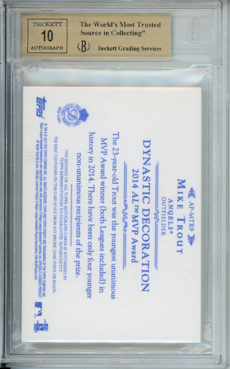 2015 Topps Dynasty Mike Trout #AP-MTR9 Autograph Patches /10 PRISTINE BGS 10