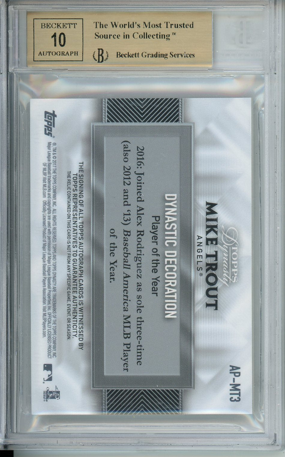 2017 Topps Dynasty Mike Trout #AP-MT3 Autograph Patches /10 PRISTINE BGS 10