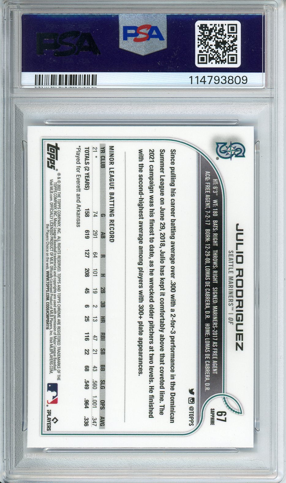 2022 Topps Chrome Julio Rodriguez RC #67 Sapphire GEM MINT PSA 10