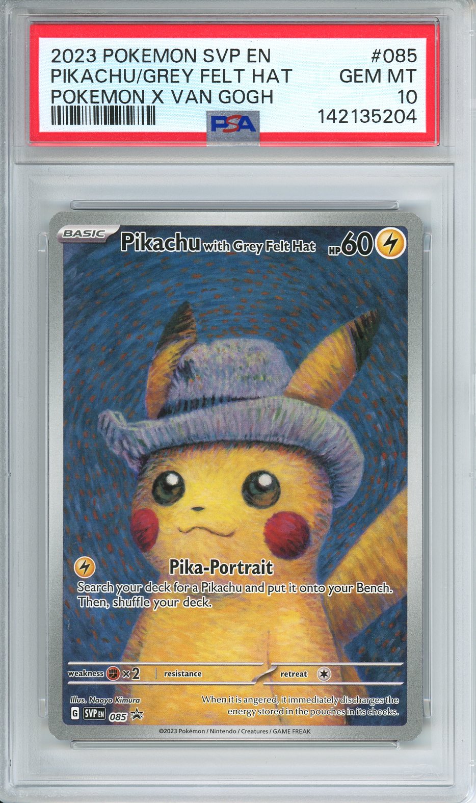 2023 Pokemon SVP Pikachu Grey Felt Hat Pokemon x Van Gogh #085 PSA 10