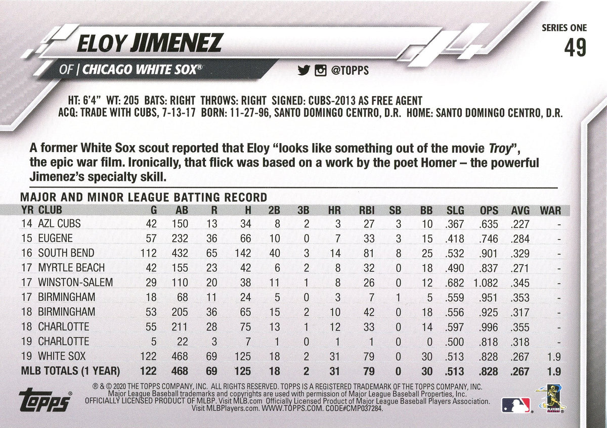 2020 Topps Series One Eloy Jimenez #49 JUMBO /49