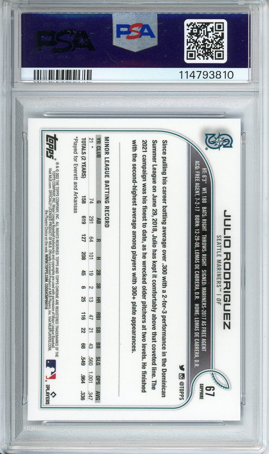 2022 Topps Chrome Julio Rodriguez RC #67 Sapphire GEM MINT PSA 10