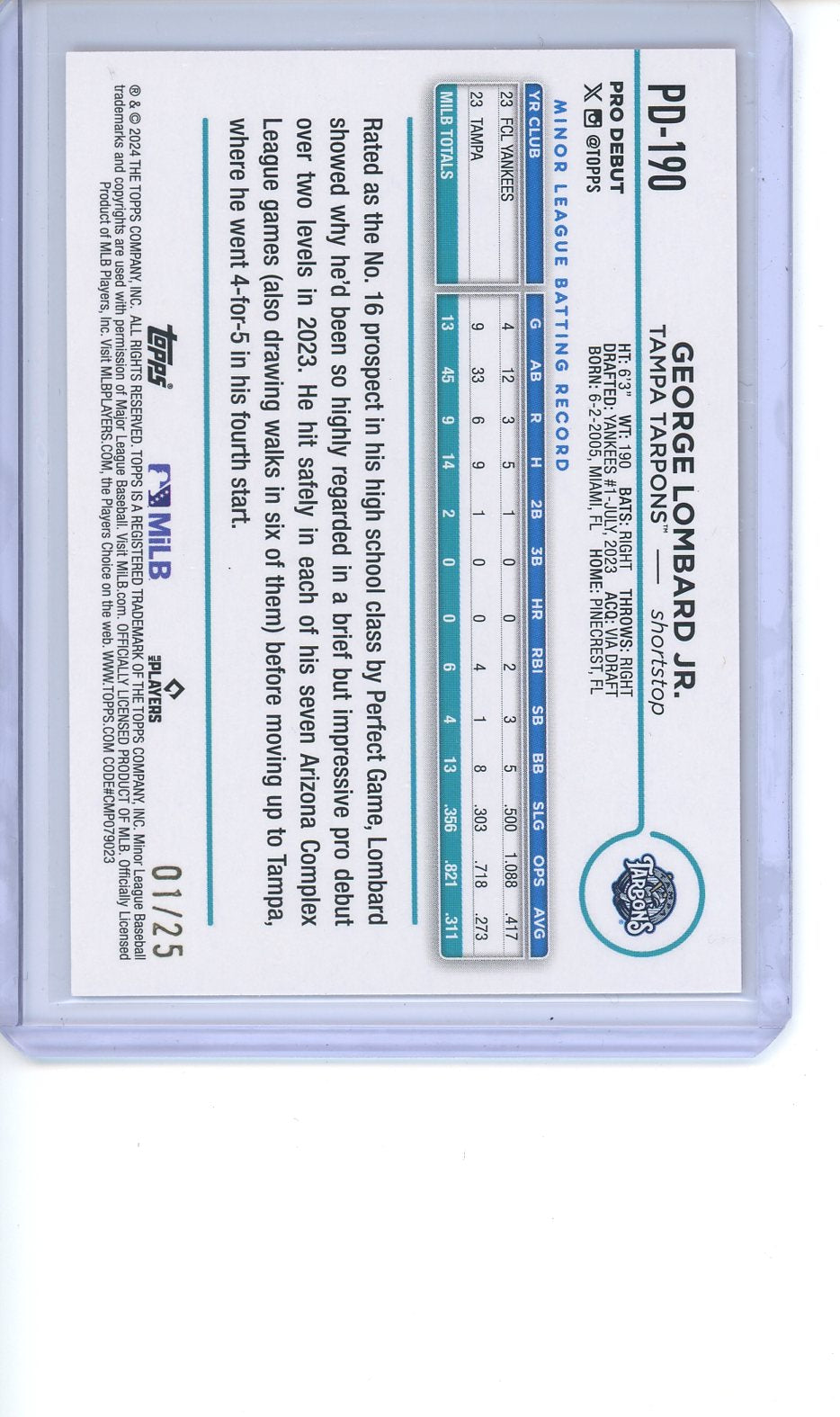 2024 Topps Pro Debut George Lombard Jr. Orange Refractor /25 PD-190