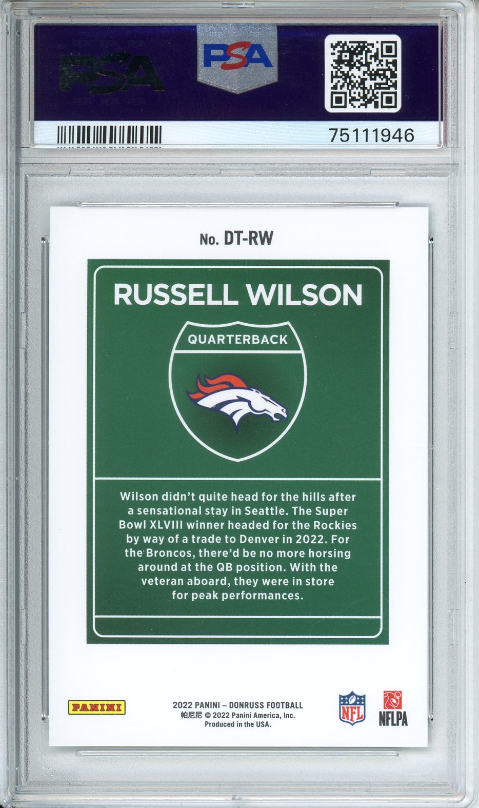 2022 Panini Donruss Russell Wilson #DT-RW Downtown GEM MINT PSA 10