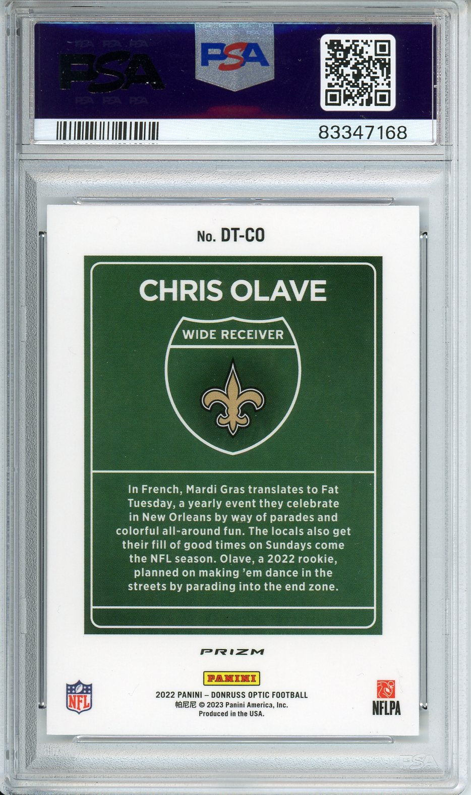 2022 Panini Donruss Optic Chris Olave RC #DT-CO Downtown GEM MINT PSA 10
