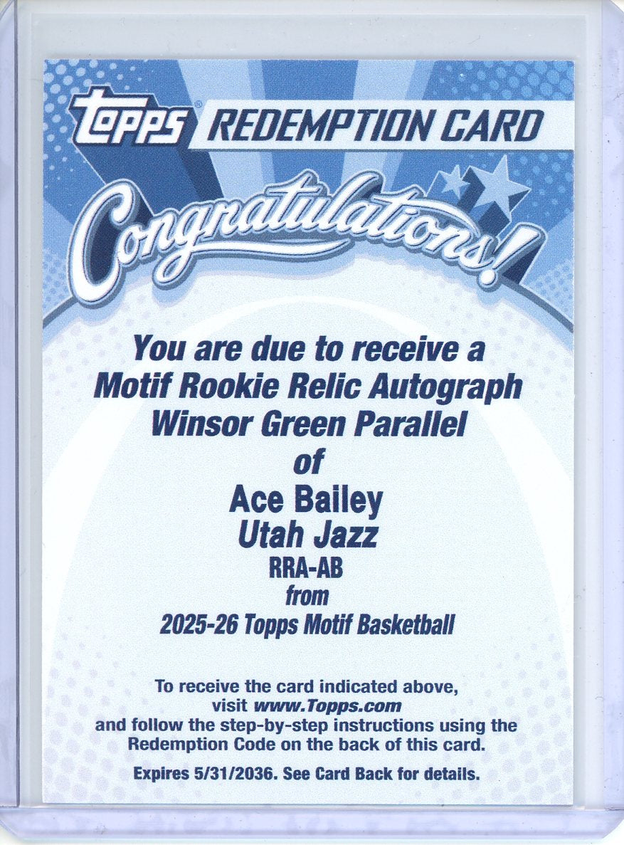 2026 Topps Motif Ace Bailey Redemption (Rookie Relic Autograph Winsor Green Parallel)