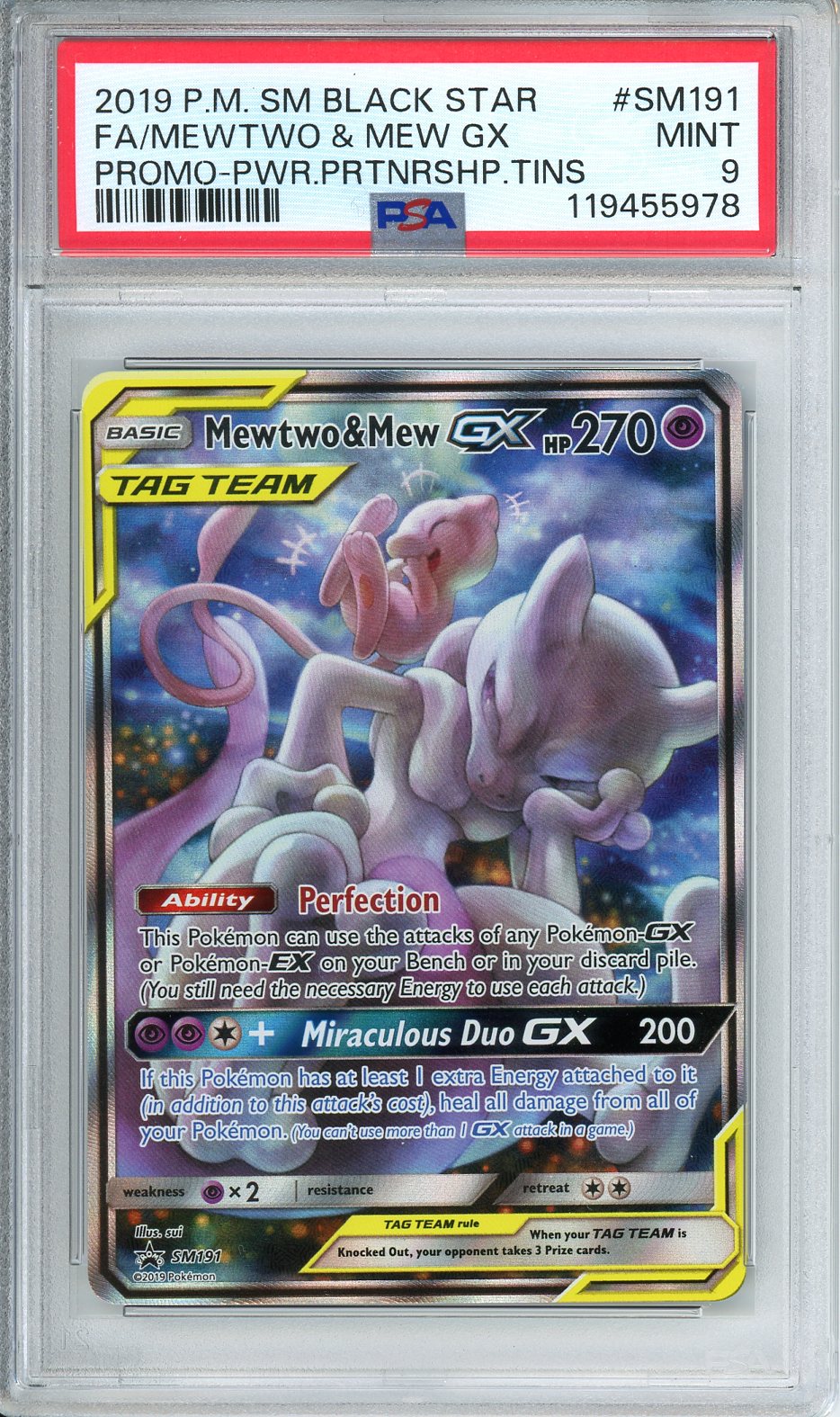 Mewtwo &amp; Mew GX Pokemon Card (Black Star Promo SM191) MINT PSA 9
