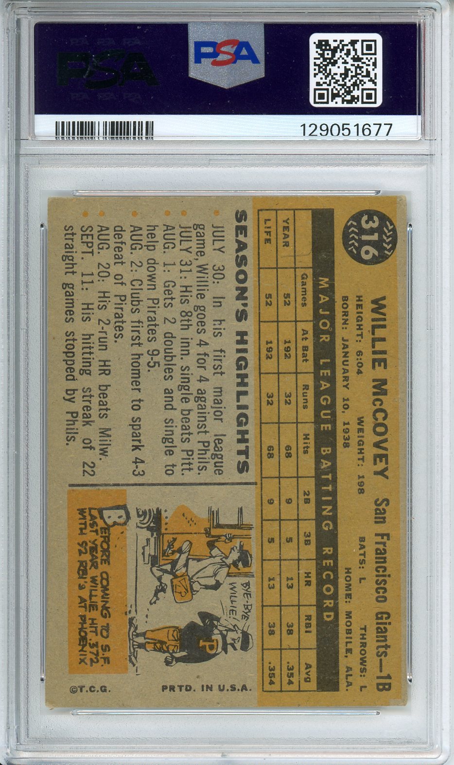 1960 Topps Willie McCovey All-Star Rookie #316 PSA VG-3