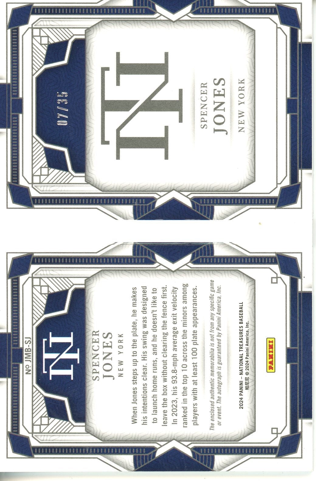 2024 National Treasures Baseball Spencer Jones Jumbo Booklet Patch Auto /35