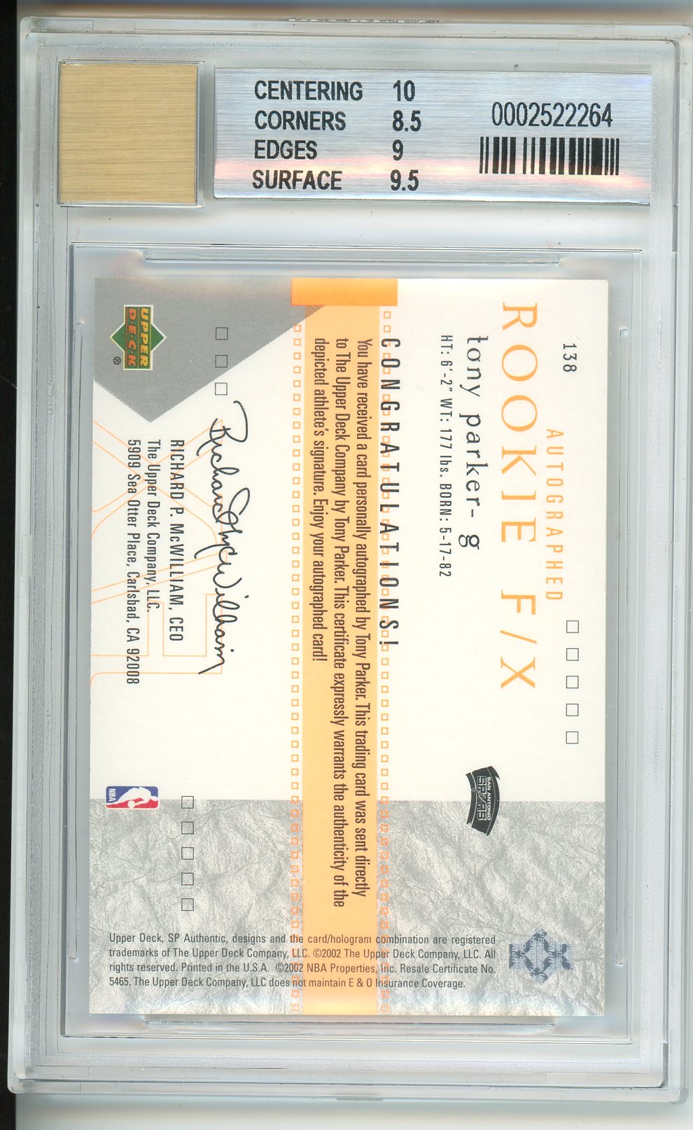 2001-02 SP Authentic #138 Tony Parker Rookie Auto #58/700 Becket 9 Auto 10