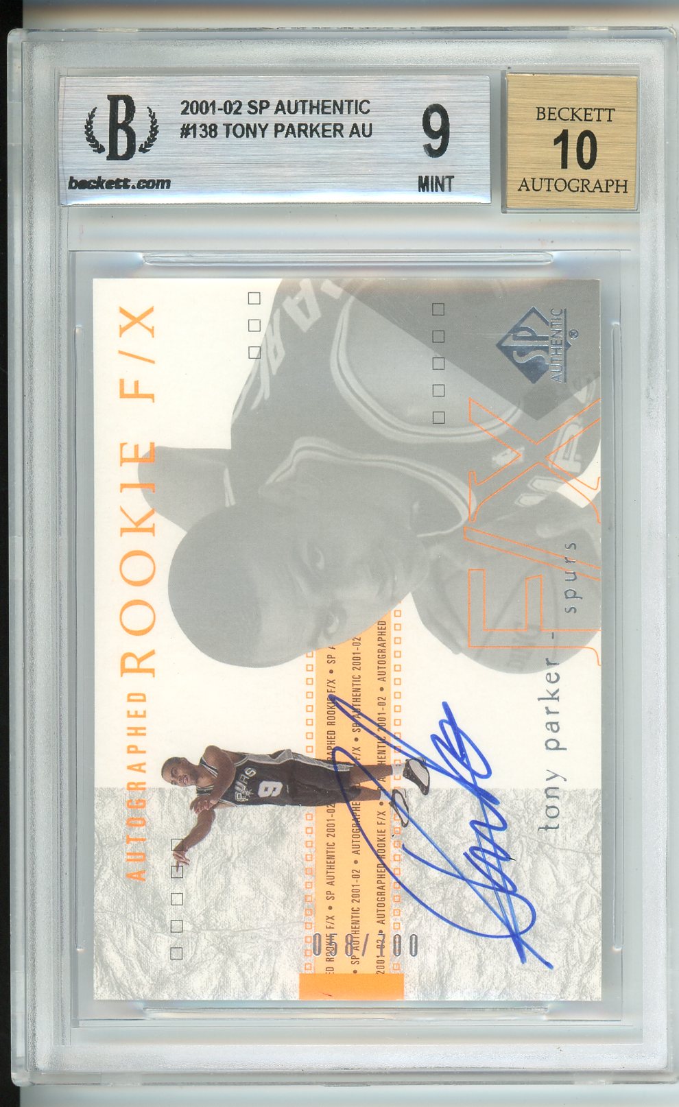 2001-02 SP Authentic #138 Tony Parker Rookie Auto #58/700 Becket 9 Auto 10