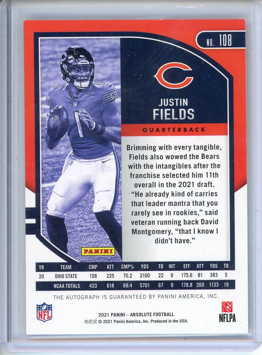 2021 Absolute Football Justin Fields Rookie Auto /50 Bears Color Match No. 108