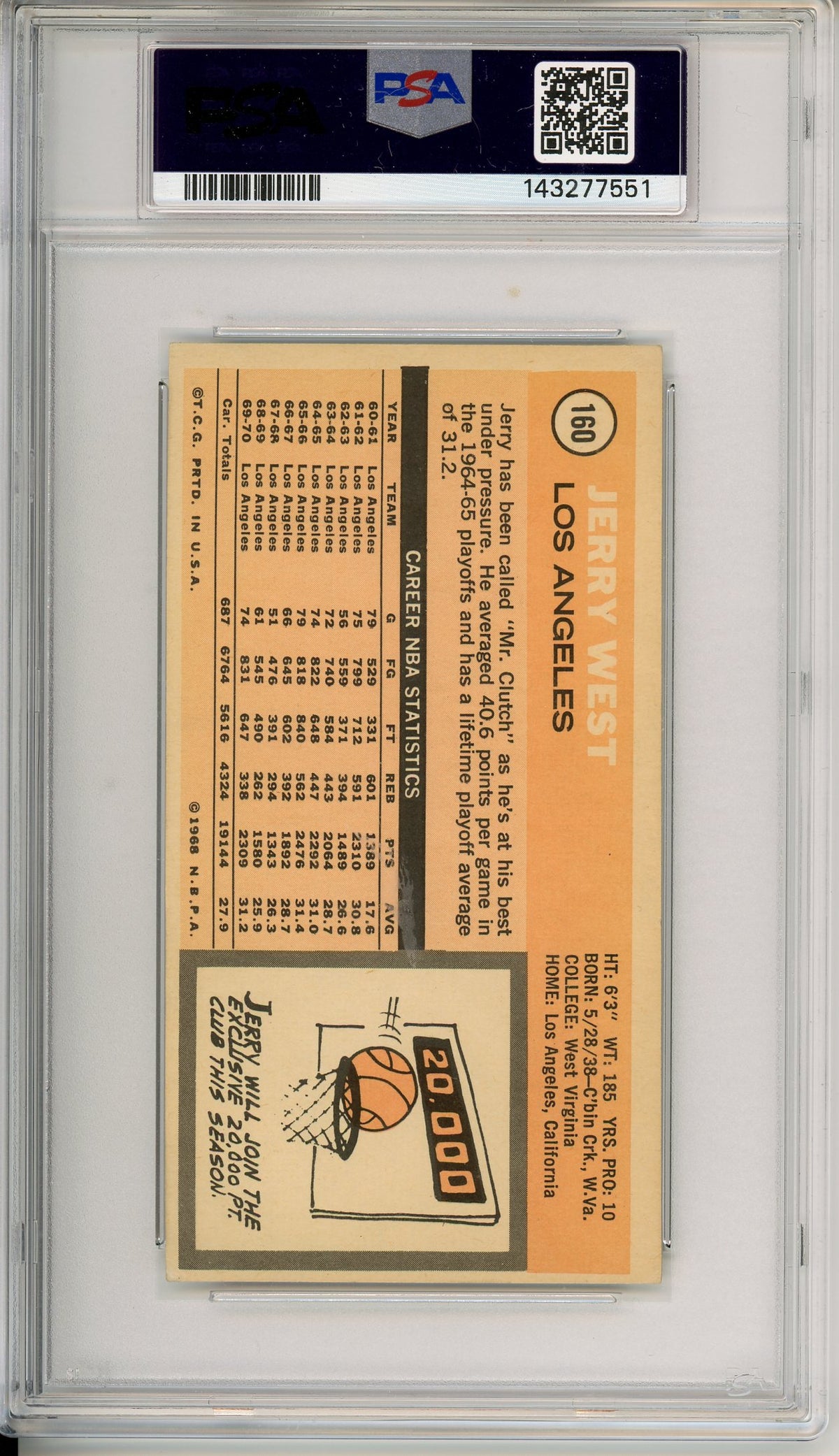 1970 Topps Jumbo Jerry West #160 PSA 4 VG-EX