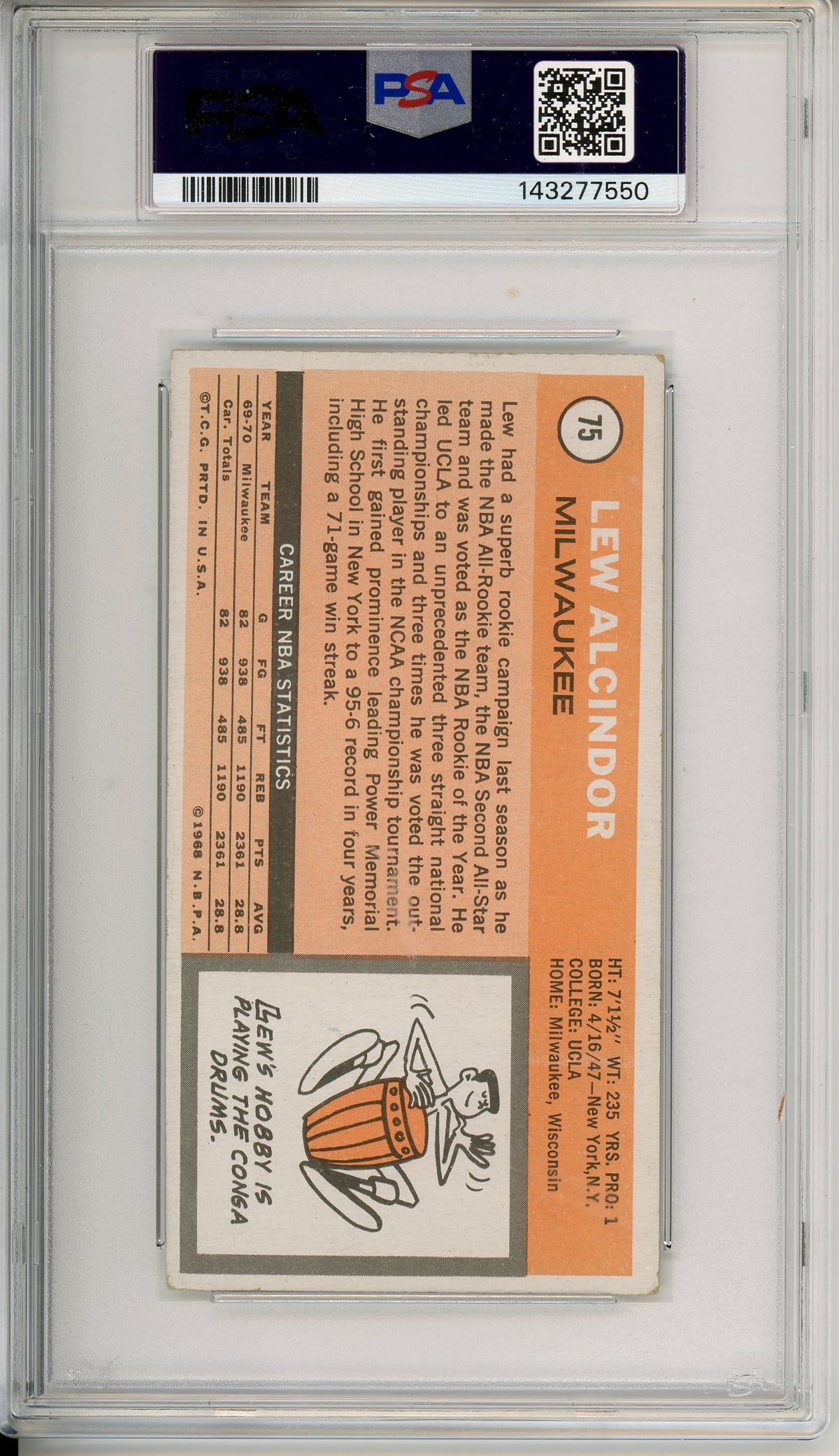 1970 Topps Jumbo Lew Alcindor #75 PSA 3.5 VG+
