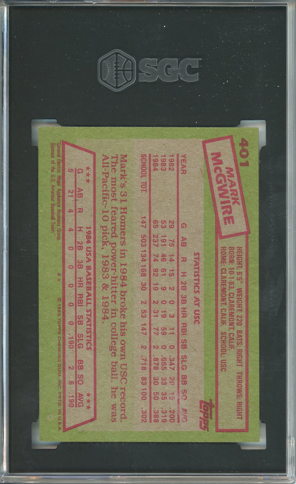 1985 Topps Mark McGwire #401 USA Baseball SGC 8.5