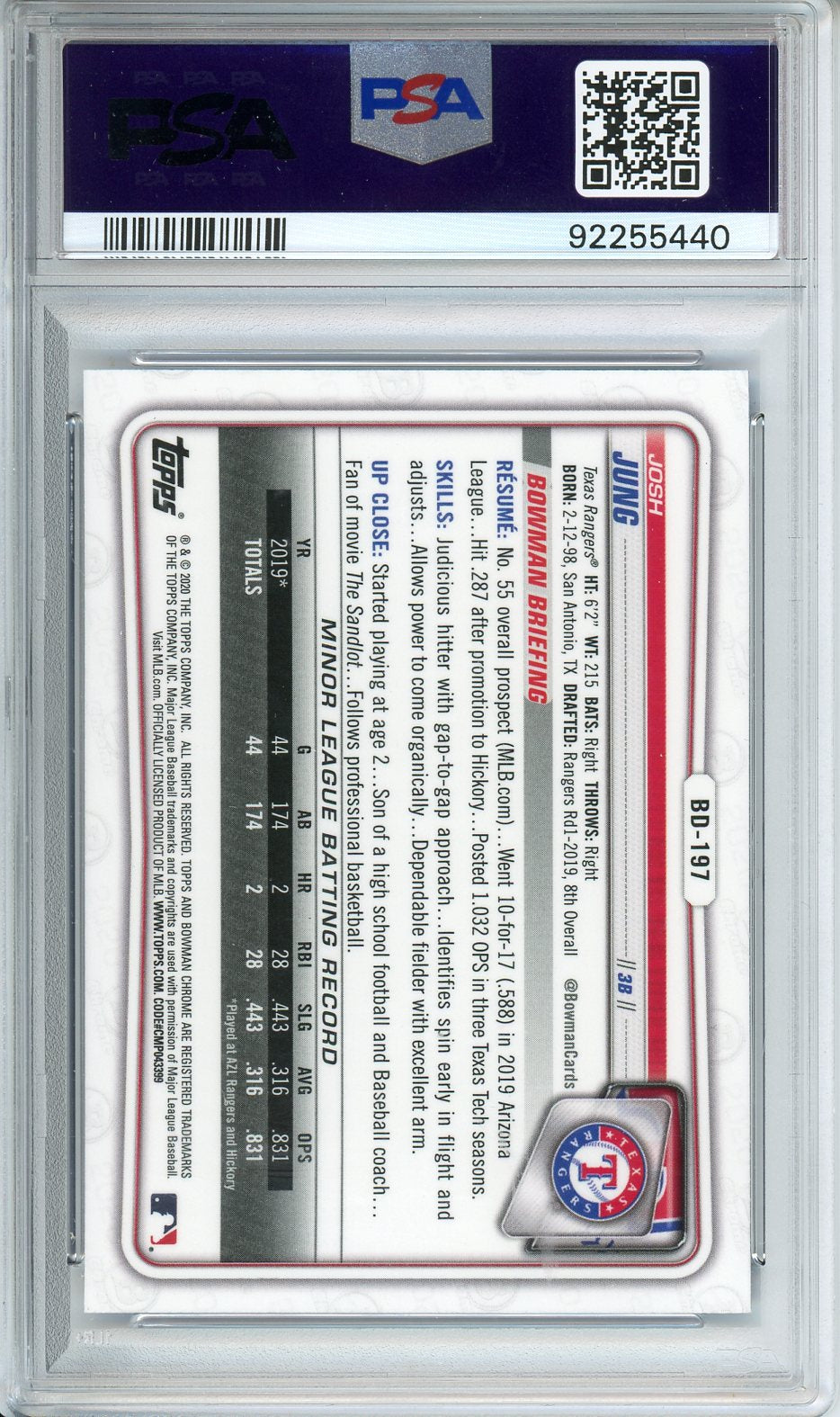 2020 Bowman Draft Josh Jung Chrome Sapphire #BD197 PSA 10