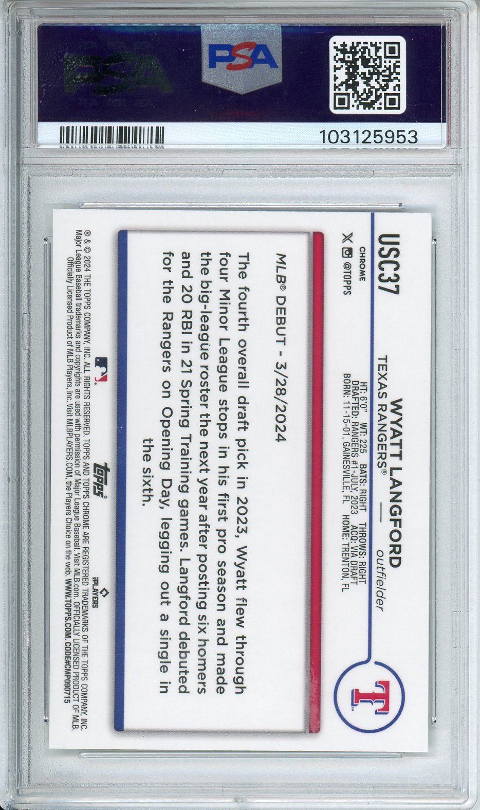 2024 Topps Chrome Update Wyatt Langford X-Fractor #USC37 PSA 10