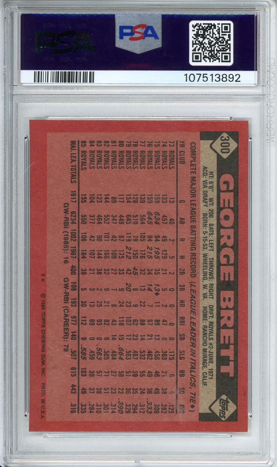1986 Topps George Brett #300 PSA 9 Mint