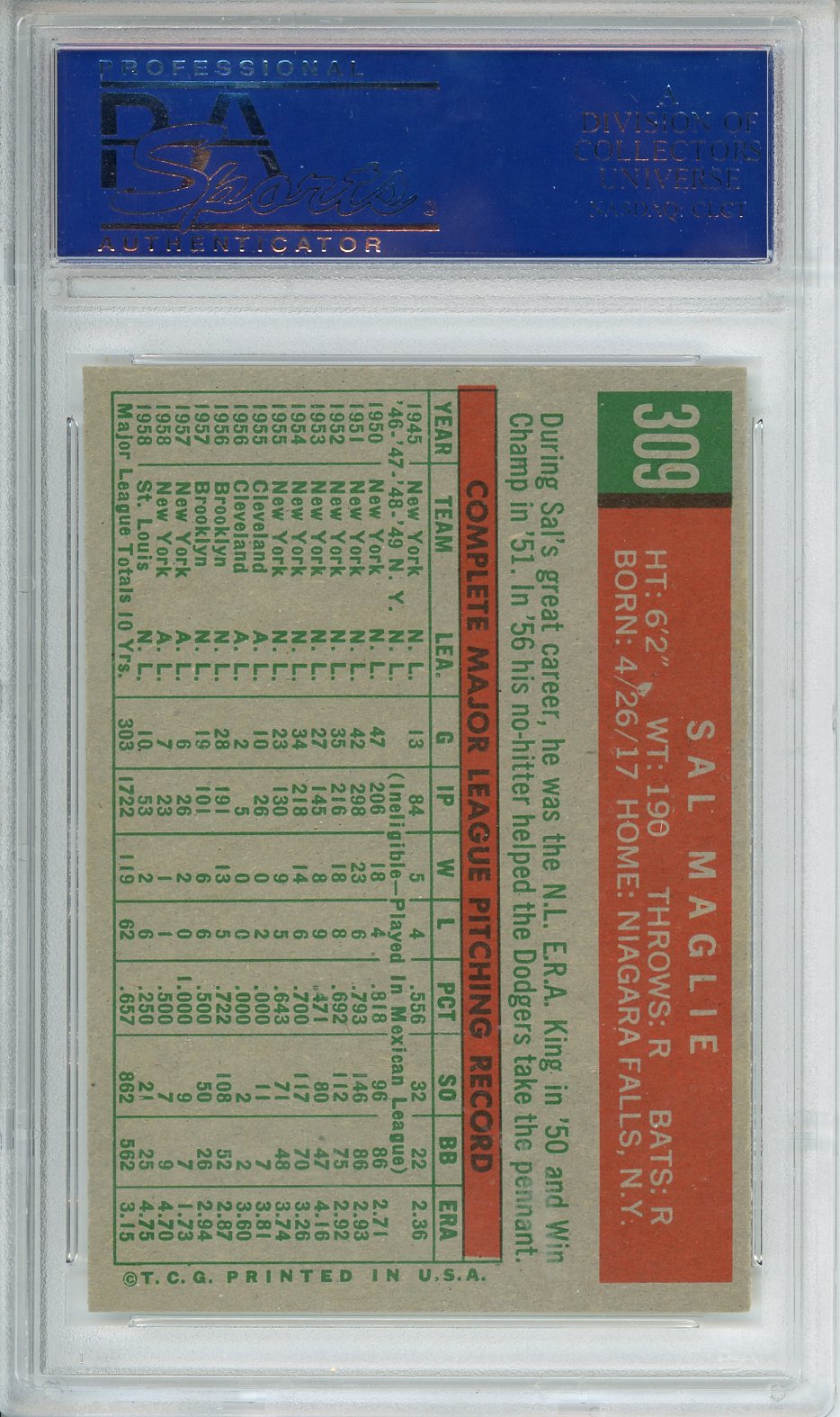 1959 Topps Sal Magile #309 PSA 8 NM-MT