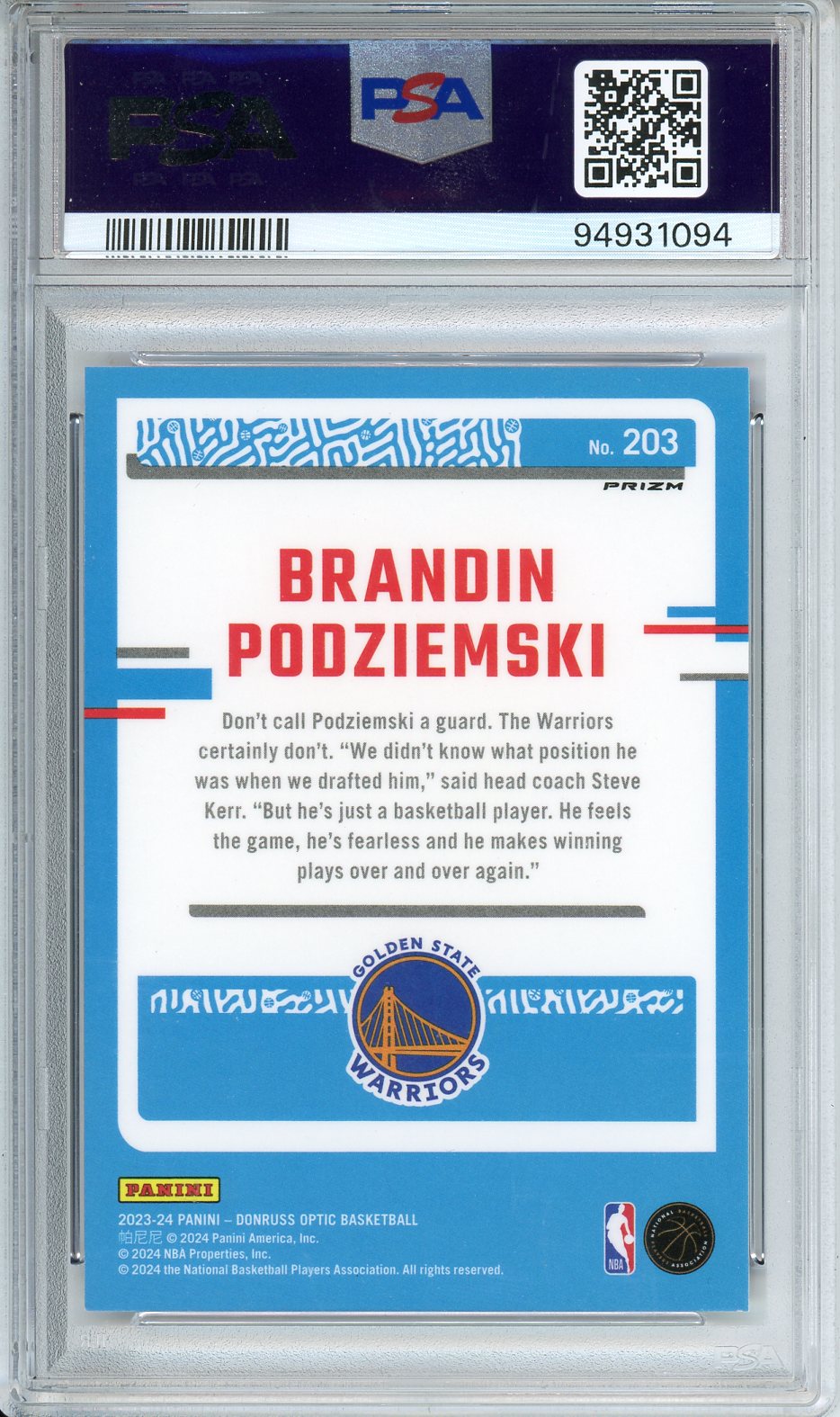 2023 Donruss Optic Brandon Podziemski Jazz #203 PSA 9 MINT