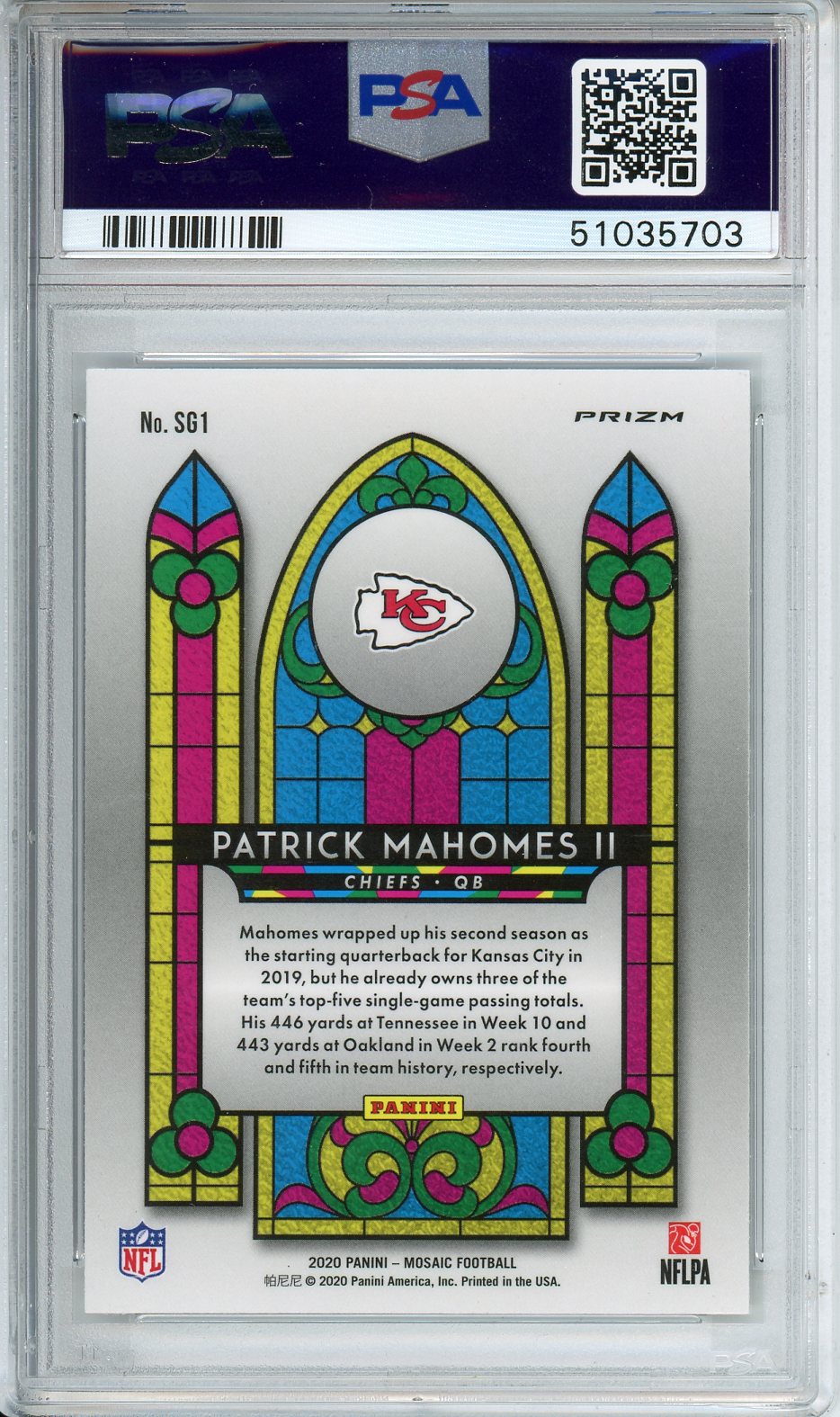 2020 Panini Mosaic Patrick Mahomes II #SG1 Stained Glass MINT PSA 9