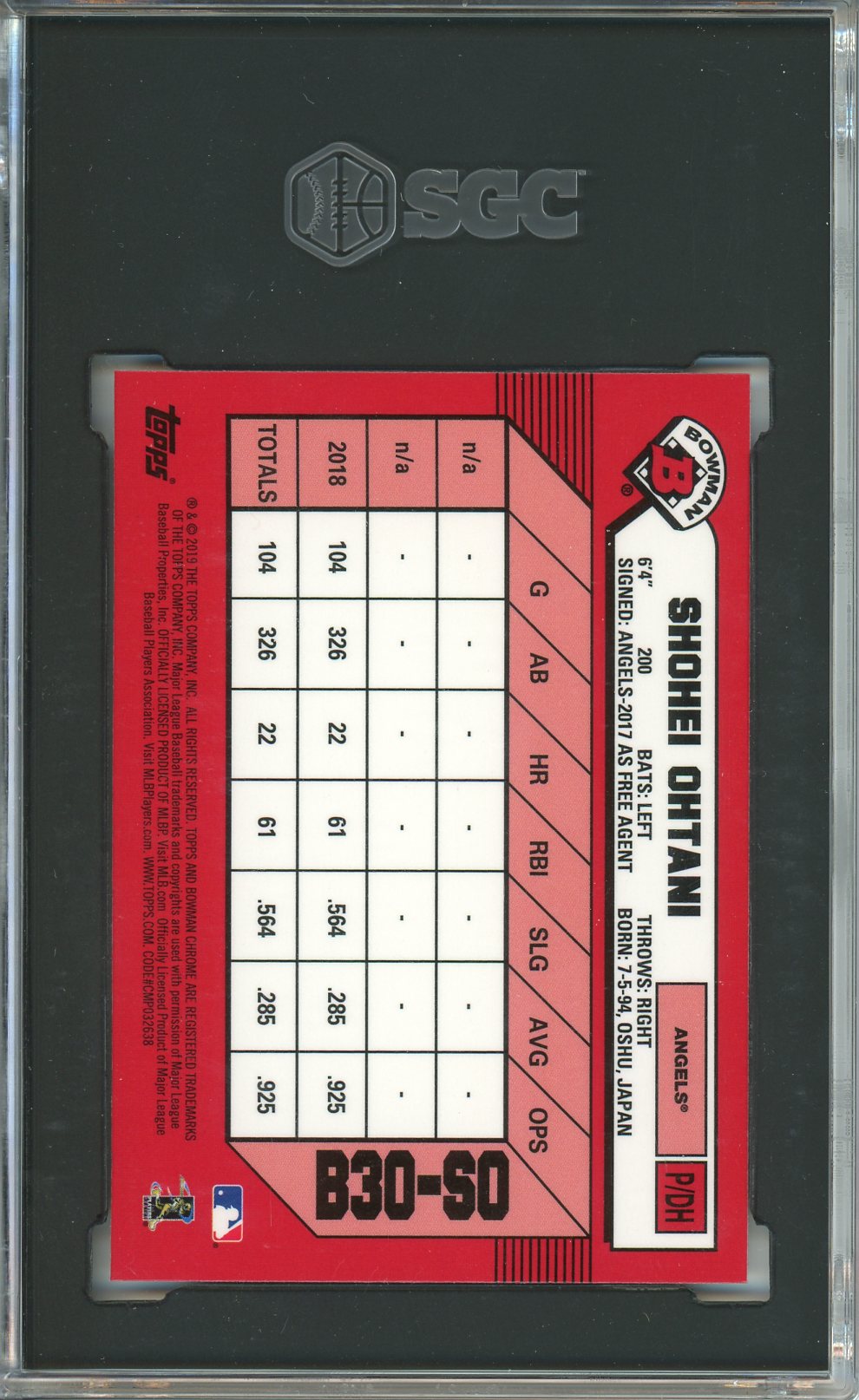 2019 Bowman Chrome Shohei Ohtani 30th Anniversary SGC 9.5