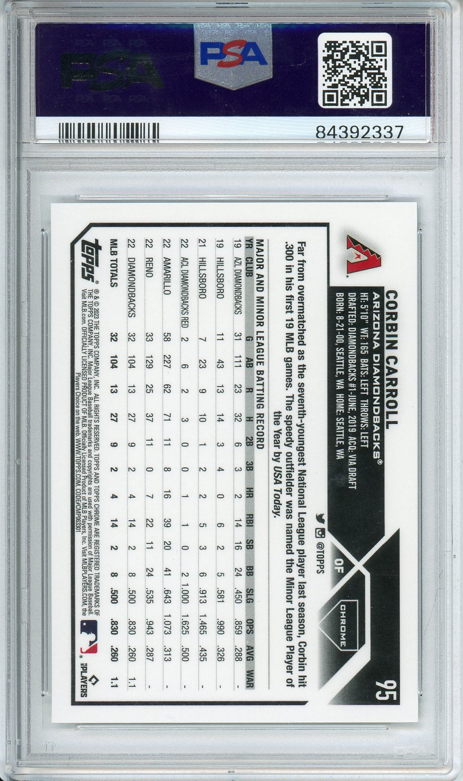2023 Topps Chrome L/E Corbin Carroll SP #95 PSA 10
